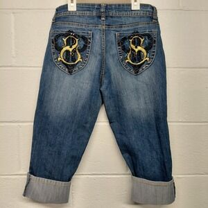Southpole Jeans Juniors Size 9 Capri Cropped Embroidered Blue Stretch Denim